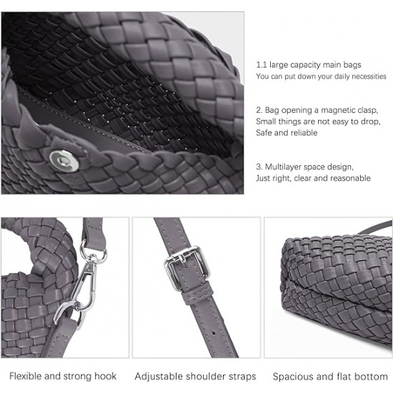 Women Woven Tote Small Crossbody Bag, Weave Quilted Purse Square Shoulder Bag Woven Handbag with Detachable Strap