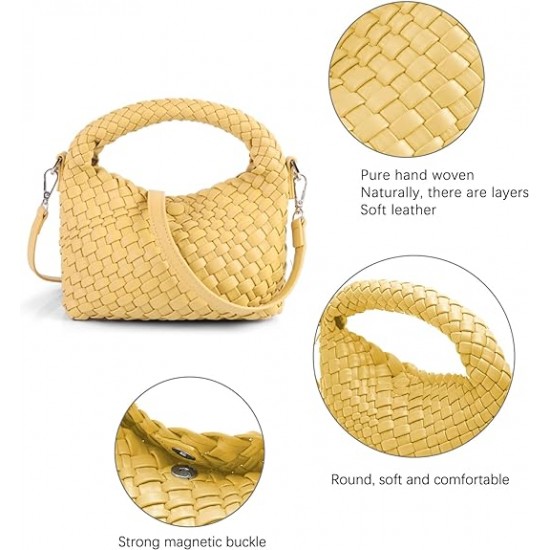 Women Woven Tote Small Crossbody Bag, Weave Quilted Purse Square Shoulder Bag Woven Handbag with Detachable Strap