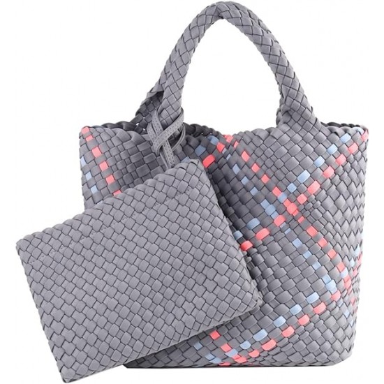 Woven Tote Bag + Purse Women Neoprene Tote Handbag Fashion Large Shoulder Top-Handle Travel Bag Underarm Shopper Bag