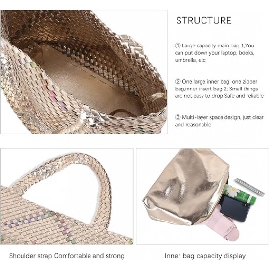 Woven Bag for Women, Vegan Leather Tote Bag Large Summer Beach Travel Handbag and Purse Retro Handmade Shoulder Bag