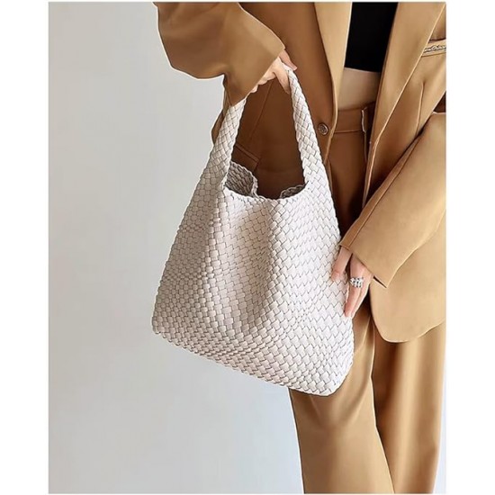 Women Vegan Leather Hand-Woven Tote Handbag Fashion Shoulder Top-handle Bag All-Match Underarm Bag with Purse