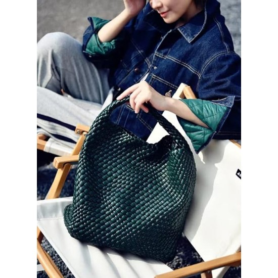 Women Vegan Leather Hand-Woven Tote Handbag Fashion Shoulder Top-handle Bag All-Match