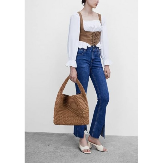 Women Vegan Leather Hand-Woven Tote Handbag Fashion Shoulder Top-handle Bag All-Match Underarm Bag with Purse