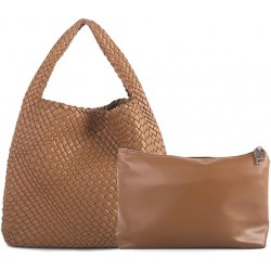 Women Vegan Leather Hand-Woven Tote Handbag Fashion Shoulder Top-handle Bag All-Match Underarm Bag with Purse