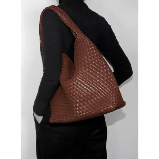 Women Vegan Leather Hand-Woven Tote Handbag Fashion Shoulder Top-handle Bag All-Match Underarm Bag with Purse