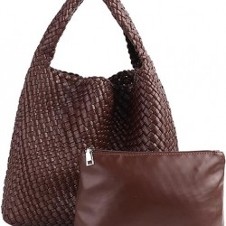 Women Vegan Leather Hand-Woven Tote Handbag Fashion Shoulder Top-handle Bag All-Match Underarm Bag with Purse