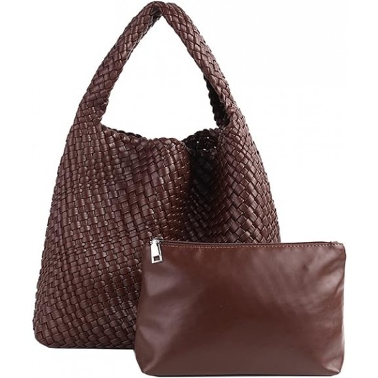 Women Vegan Leather Hand-Woven Tote Handbag Fashion Shoulder Top-handle Bag All-Match Underarm Bag with Purse