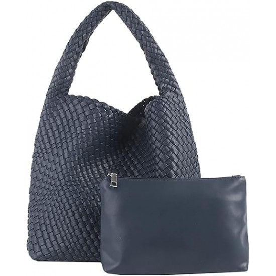 Women Vegan Leather Hand-Woven Tote Handbag Fashion Shoulder Top-handle Bag All-Match Underarm Bag with Purse