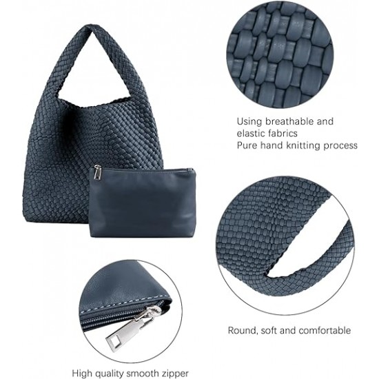 Women Vegan Leather Hand-Woven Tote Handbag Fashion Shoulder Top-handle Bag All-Match Underarm Bag with Purse