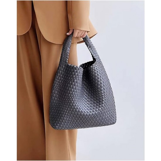 Women Vegan Leather Hand-Woven Tote Handbag Fashion Shoulder Top-handle Bag All-Match Underarm Bag with Purse