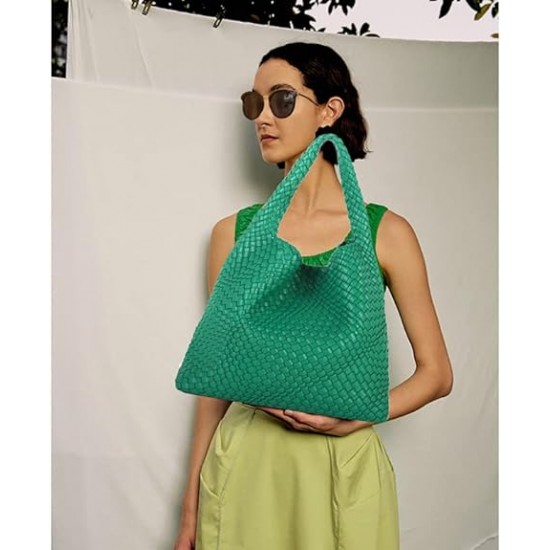 Women Vegan Leather Hand-Woven Tote Handbag Fashion Shoulder Top-handle Bag All-Match Underarm Bag with Purse