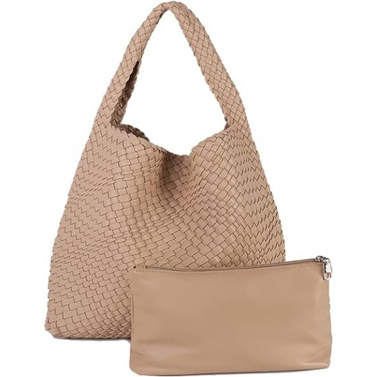 Women Vegan Leather Hand-Woven Tote Handbag Fashion Shoulder Top-handle Bag All-Match Underarm Bag with Purse