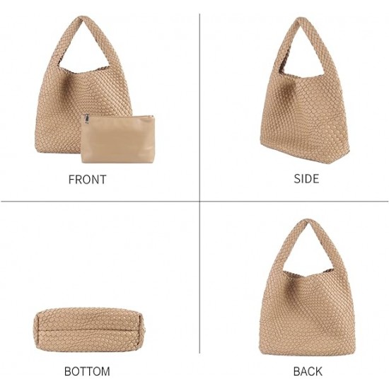 Women Vegan Leather Hand-Woven Tote Handbag Fashion Shoulder Top-handle Bag All-Match Underarm Bag with Purse