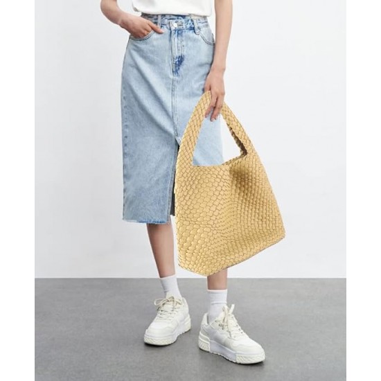 Women Vegan Leather Hand-Woven Tote Handbag Fashion Shoulder Top-handle Bag All-Match Underarm Bag with Purse