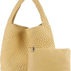 Women Vegan Leather Hand-Woven Tote Handbag Fashion Shoulder Top-handle Bag All-Match Underarm Bag with Purse