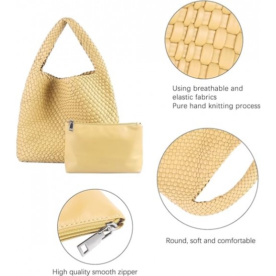 Women Vegan Leather Hand-Woven Tote Handbag Fashion Shoulder Top-handle Bag All-Match Underarm Bag with Purse