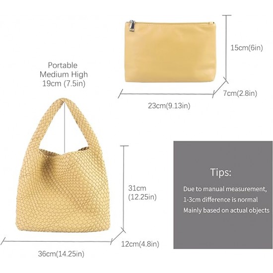 Women Vegan Leather Hand-Woven Tote Handbag Fashion Shoulder Top-handle Bag All-Match Underarm Bag with Purse