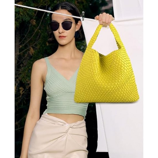 Women Vegan Leather Hand-Woven Tote Handbag Fashion Shoulder Top-handle Bag All-Match Underarm Bag with Purse