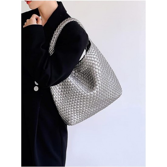 Women Vegan Leather Hand-Woven Tote Handbag Fashion Shoulder Top-handle Bag All-Match Underarm Bag with Purse