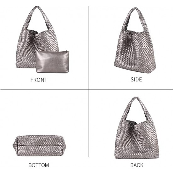 Women Vegan Leather Hand-Woven Tote Handbag Fashion Shoulder Top-handle Bag All-Match Underarm Bag with Purse