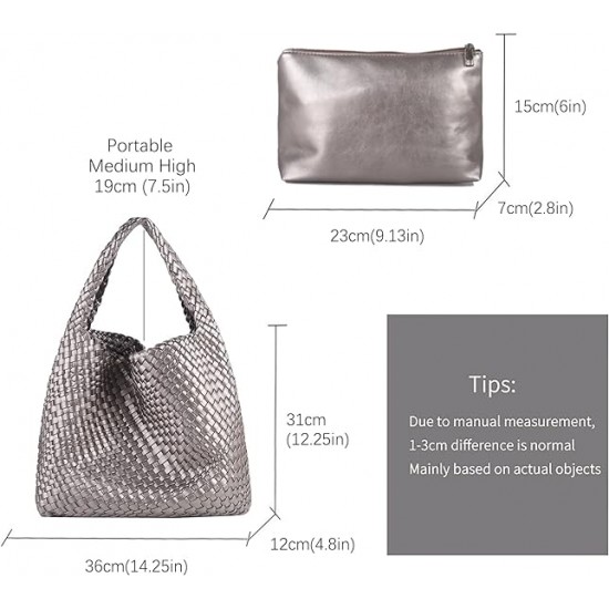 Women Vegan Leather Hand-Woven Tote Handbag Fashion Shoulder Top-handle Bag All-Match Underarm Bag with Purse