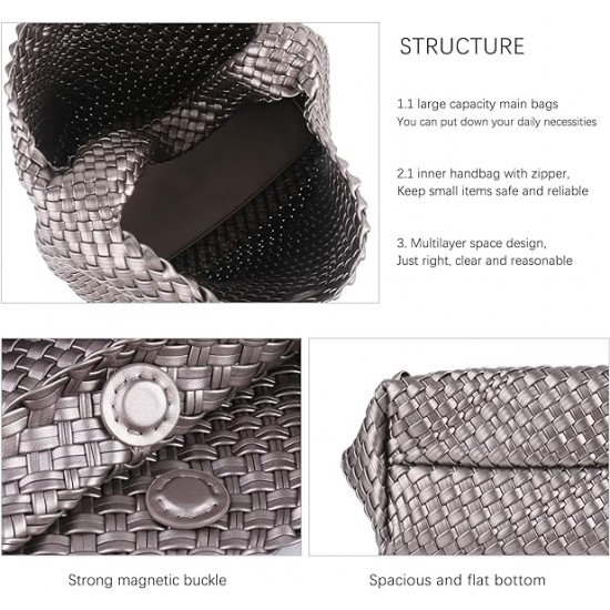 Women Vegan Leather Hand-Woven Tote Handbag Fashion Shoulder Top-handle Bag All-Match Underarm Bag with Purse