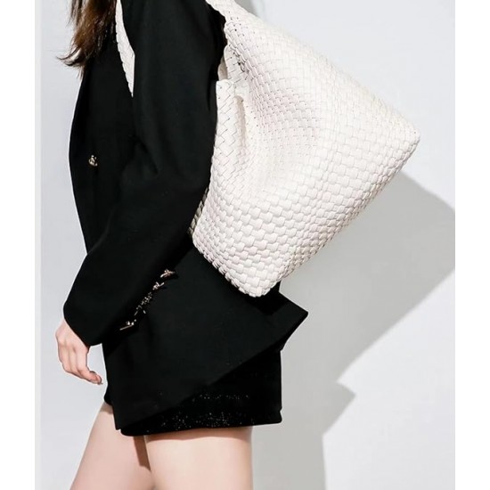 Women Vegan Leather Hand-Woven Tote Handbag Fashion Shoulder Top-handle Bag All-Match Underarm Bag with Purse