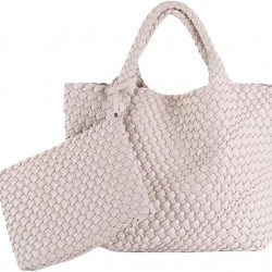 Woven Tote Bag, Women Macaron Soft Leather Weave Handbag Purse Wrist Bag Large Capacity Work Shopping Travel Daily