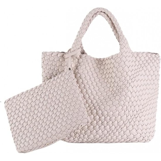 Woven Tote Bag, Women Macaron Soft Leather Weave Handbag Purse Wrist Bag Large Capacity Work Shopping Travel Daily