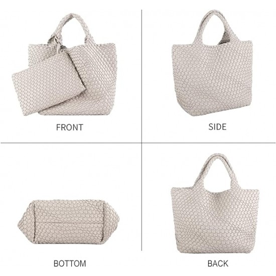 Woven Tote Bag, Women Macaron Soft Leather Weave Handbag Purse Wrist Bag Large Capacity Work Shopping Travel Daily