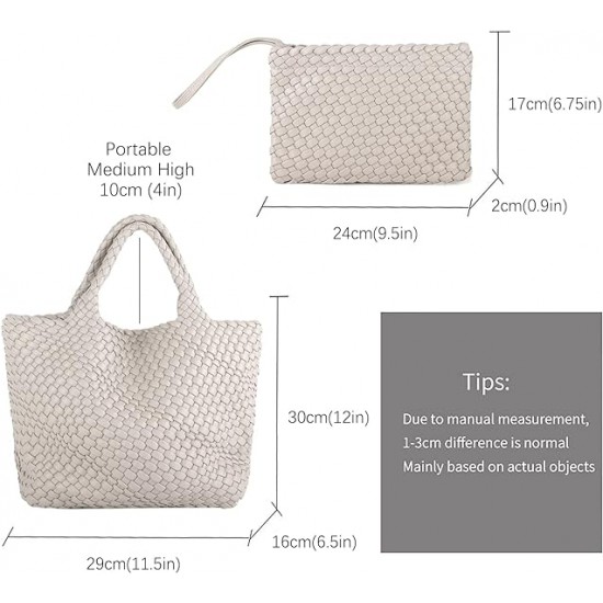 Woven Tote Bag, Women Macaron Soft Leather Weave Handbag Purse Wrist Bag Large Capacity Work Shopping Travel Daily