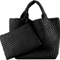 Woven Tote Bag, Women Macaron Soft Leather Weave Handbag Purse Wrist Bag Large Capacity Work Shopping Travel Daily