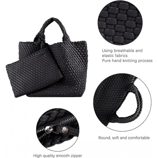 Woven Tote Bag, Women Macaron Soft Leather Weave Handbag Purse Wrist Bag Large Capacity Work Shopping Travel Daily