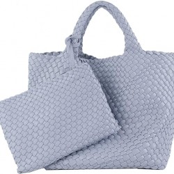 Woven Tote Bag, Women Macaron Soft Leather Weave Handbag Purse Wrist Bag Large Capacity Work Shopping Travel Daily