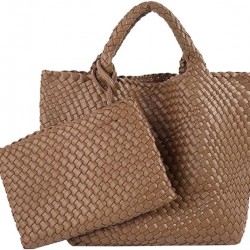 Woven Tote Bag, Women Macaron Soft Leather Weave Handbag Purse Wrist Bag Large Capacity Work Shopping Travel Daily