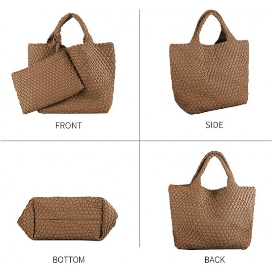 Woven Tote Bag, Women Macaron Soft Leather Weave Handbag Purse Wrist Bag Large Capacity Work Shopping Travel Daily