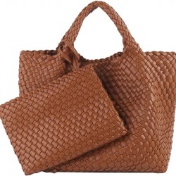 Woven Tote Bag, Women Macaron Soft Leather Weave Handbag Purse Wrist Bag Large Capacity Work Shopping Travel Daily