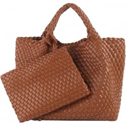 Woven Tote Bag, Women Macaron Soft Leather Weave Handbag Purse Wrist Bag Large Capacity Work Shopping Travel Daily