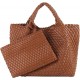 Woven Tote Bag, Women Macaron Soft Leather Weave Handbag Purse Wrist Bag Large Capacity Work Shopping Travel Daily