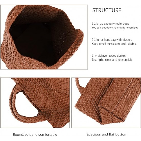 Woven Tote Bag, Women Macaron Soft Leather Weave Handbag Purse Wrist Bag Large Capacity Work Shopping Travel Daily