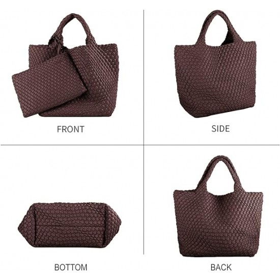 Woven Tote Bag, Women Macaron Soft Leather Weave Handbag Purse Wrist Bag Large Capacity Work Shopping Travel Daily