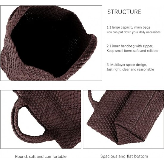 Woven Tote Bag, Women Macaron Soft Leather Weave Handbag Purse Wrist Bag Large Capacity Work Shopping Travel Daily