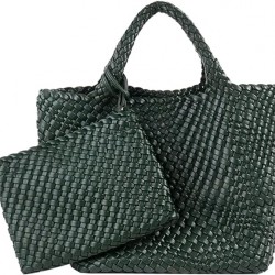 Woven Tote Bag, Women Macaron Soft Leather Weave Handbag Purse Wrist Bag Large Capacity Work Shopping Travel Daily