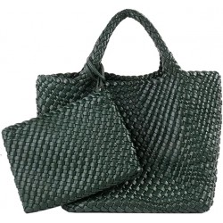 Woven Tote Bag, Women Macaron Soft Leather Weave Handbag Purse Wrist Bag Large Capacity Work Shopping Travel Daily