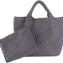 Woven Tote Bag, Women Macaron Soft Leather Weave Handbag Purse Wrist Bag Large Capacity Work Shopping Travel Daily