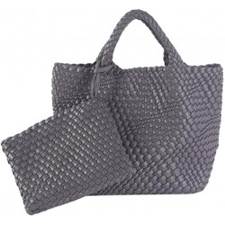 Woven Tote Bag, Women Macaron Soft Leather Weave Handbag Purse Wrist Bag Large Capacity Work Shopping Travel Daily