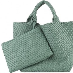 Woven Tote Bag, Women Macaron Soft Leather Weave Handbag Purse Wrist Bag Large Capacity Work Shopping Travel Daily