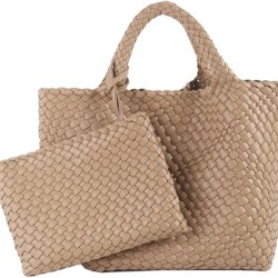 Woven Tote Bag, Women Macaron Soft Leather Weave Handbag Purse Wrist Bag Large Capacity Work Shopping Travel Daily