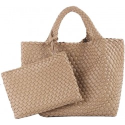 Woven Tote Bag, Women Macaron Soft Leather Weave Handbag Purse Wrist Bag Large Capacity Work Shopping Travel Daily