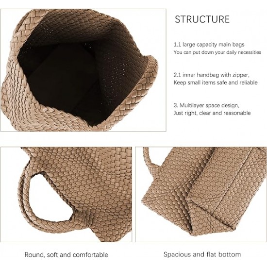 Woven Tote Bag, Women Macaron Soft Leather Weave Handbag Purse Wrist Bag Large Capacity Work Shopping Travel Daily